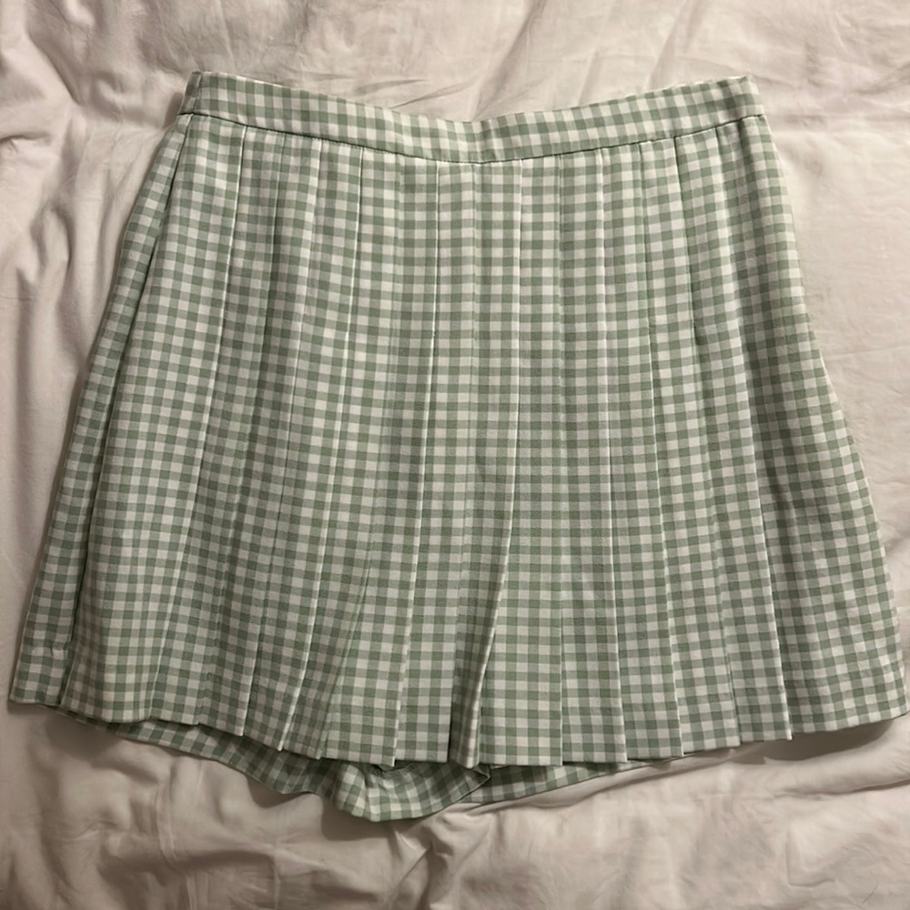 Zara green and white gingham pleated skirt